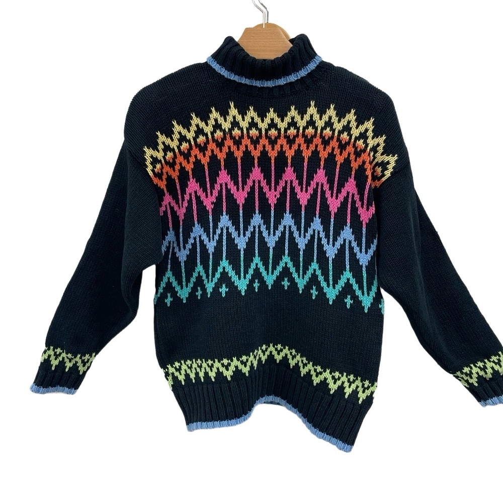 Liz wear Black Multi Turtleneck Geo rainbow  Ski Winter Sweater Small y2k‎ 90s